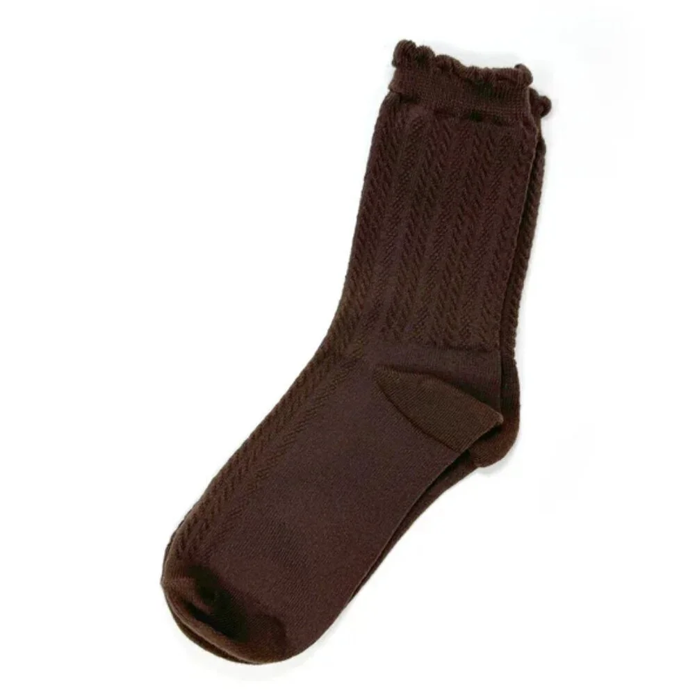 NWT Jane Ribbed Brown Ruffle Crew Socks